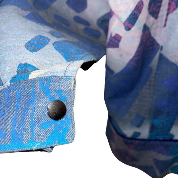 Vintage Womens Denim Bomber Jacket Size Medium Blue Purple Pink Abstract Print - Picture 9 of 14